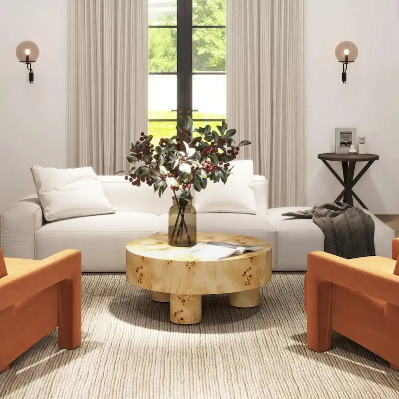 Nebula 35.5-Inch Round Burl Wood Coffee Table with Elegant Pillar Legs - Image 2