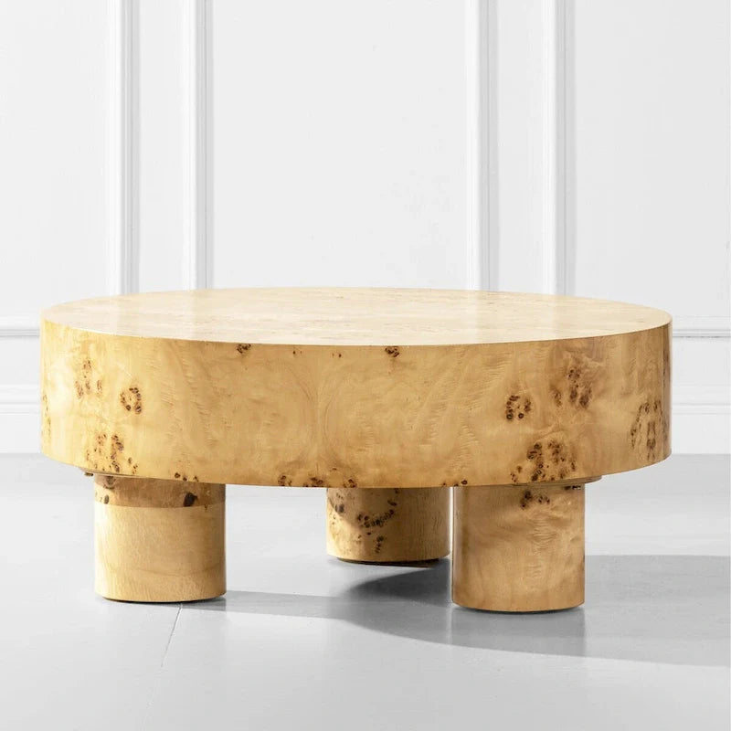 Nebula 35.5-Inch Round Burl Wood Coffee Table with Elegant Pillar Legs - Image 3