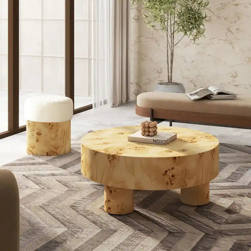 Nebula 35.5-Inch Round Burl Wood Coffee Table with Elegant Pillar Legs - Image 4