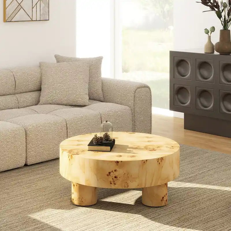 Nebula 35.5-Inch Round Burl Wood Coffee Table with Elegant Pillar Legs - Image 5