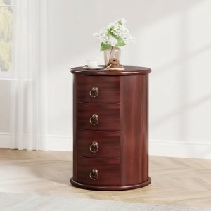 Round Solid Wood Nightstand with 4 Drawers